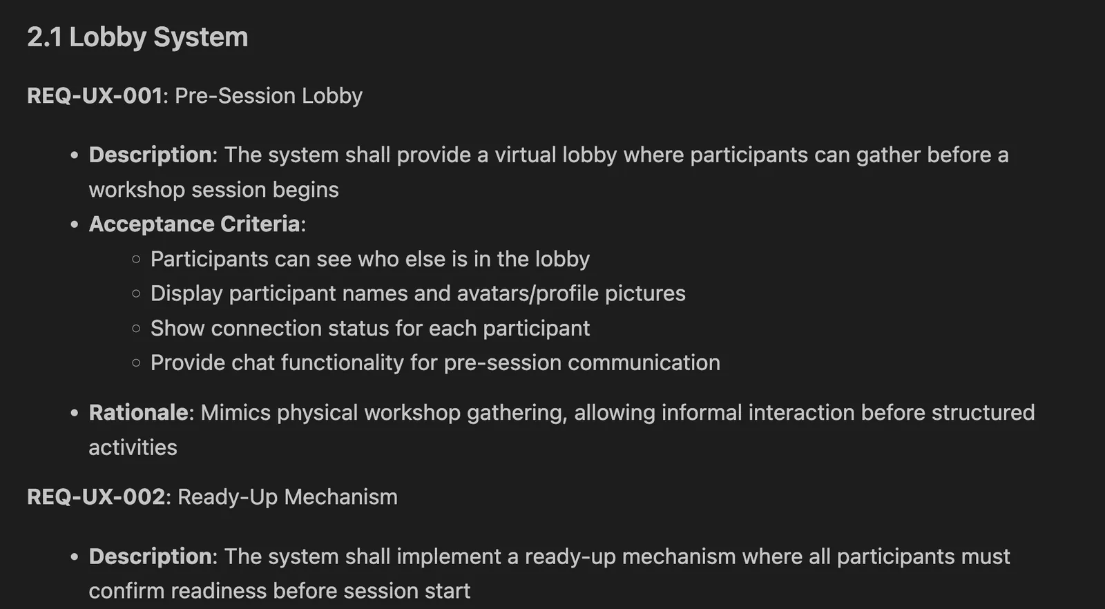 Excerpt from the AI-generated requirements document: lobby system with pre-session lobby and ready-up requirements