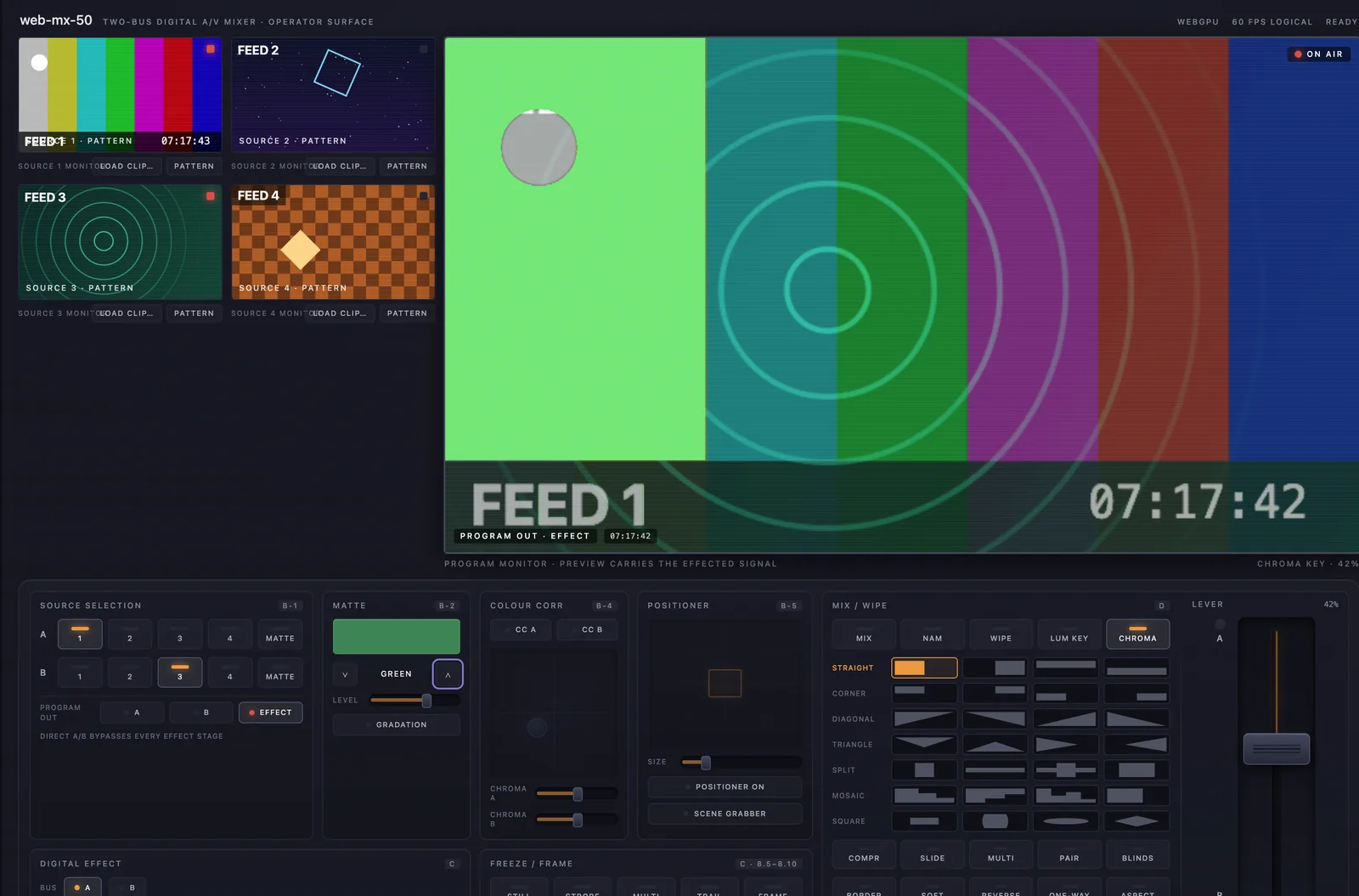 web-mx-50 browser operator surface with four source feeds, program monitor, wipe pattern grid and lever