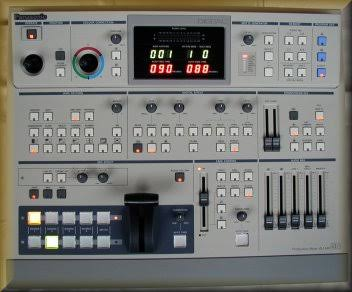 Front panel of the original Panasonic WJ-MX50 digital A/V mixer with buttons, faders, T-bar lever and joystick